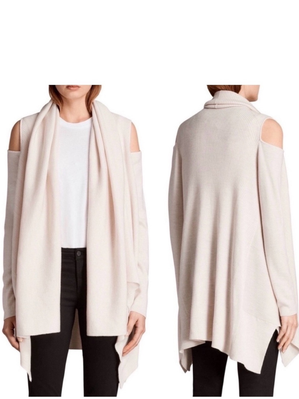 AllSaints Cava 100% Merino Wool Open Shoulder Draped Cardigan XS Cream